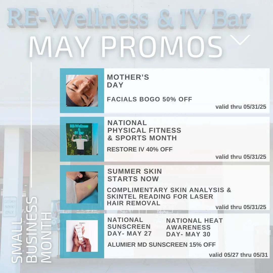 Small business month promotions including buy one get one 50% off facials, 40% off Restore IV, complimentary skin analysis and Skintel reading with laser hair removal, and 15% off Alumier MD sunscreen.